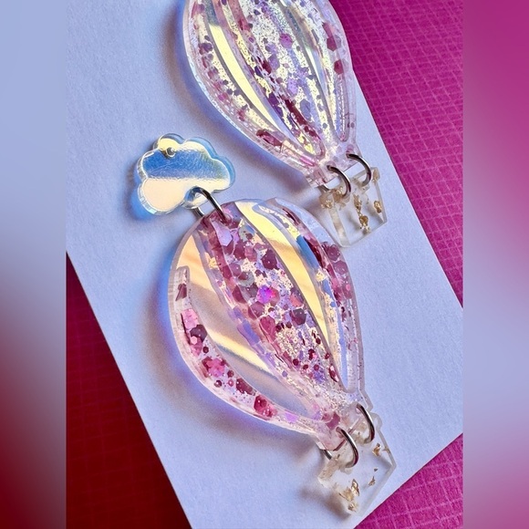 New Hot Air Balloon & Cloud w/ Glitter Acrylic Retro 80s Style Earrings - 2.5” - Picture 4 of 6